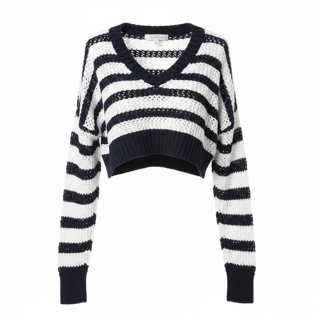 Offline Aerie Oversized Open Knit Crochet V Neck Striped Cropped Sweater SM Blue